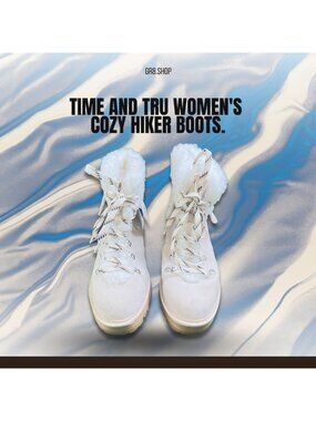 TIME AND TRU Womens Cozy Hiker Boots Size 8.5 White Faux Fur Lined With Chunky S